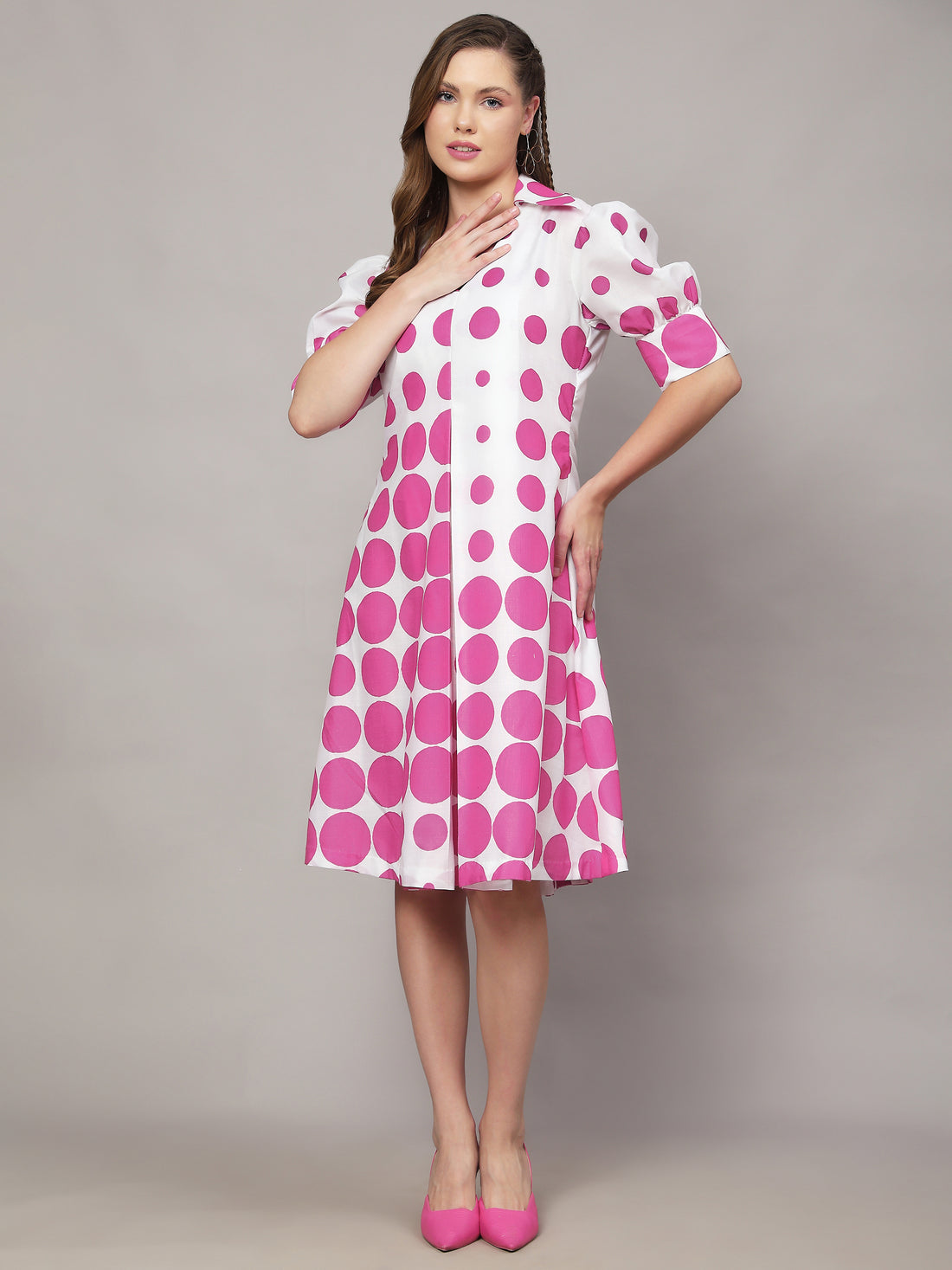 Linen White Polka Dot Print A Line Dress With Puff Sleeves