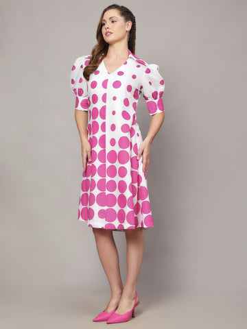 WHITE POLKA DOT PRINT A LINE DRESS WITH PUFF SLEEVES