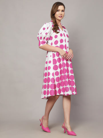 WHITE POLKA DOT PRINT A LINE DRESS WITH PUFF SLEEVES