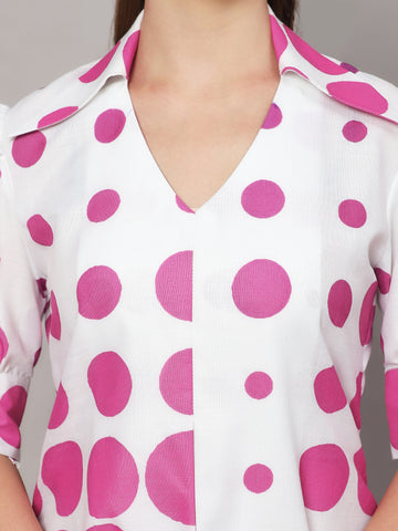 WHITE POLKA DOT PRINT A LINE DRESS WITH PUFF SLEEVES