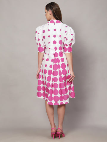 WHITE POLKA DOT PRINT A LINE DRESS WITH PUFF SLEEVES