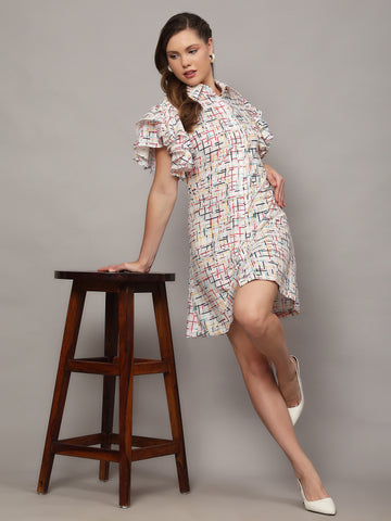 WHITE ABSTRACT PRINT SHIRT DRESS WITH FLUTTER SLEEVES