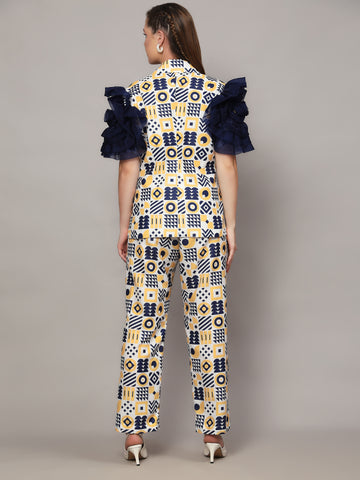 MICKEY WHITE WITH ABSTRACT PRINT IN BLUE & YELLOW COLOR 2 PIECE CO-ORD SET WITH ROSE RUFFLED SLEEVES