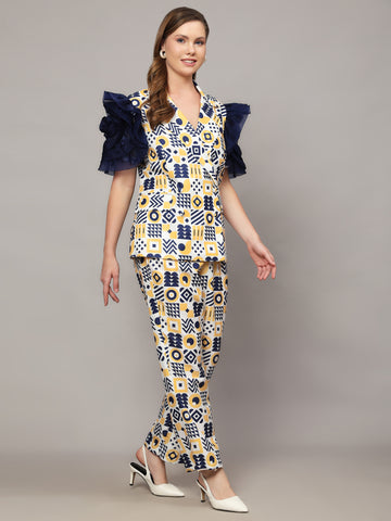 MICKEY WHITE WITH ABSTRACT PRINT IN BLUE & YELLOW COLOR 2 PIECE CO-ORD SET WITH ROSE RUFFLED SLEEVES