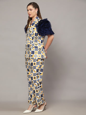 MICKEY WHITE WITH ABSTRACT PRINT IN BLUE & YELLOW COLOR 2 PIECE CO-ORD SET WITH ROSE RUFFLED SLEEVES