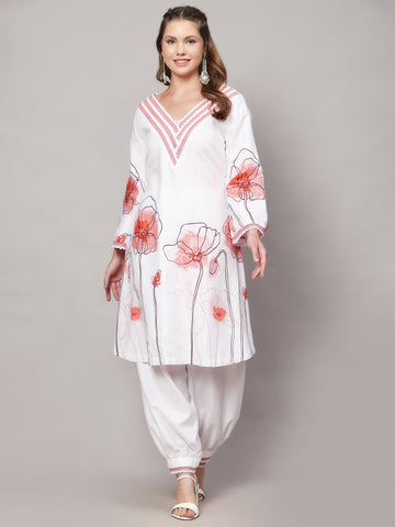 MESMERIZE WHITE FLORAL PRINT 2 PIECE KURTA SET