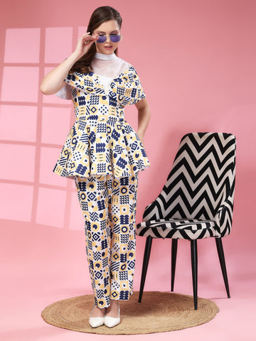 DONALD WHITE WITH ABSTRACT PRINT IN BLUE & YELLOW COLOR 2 PIECE CO-ORD SET