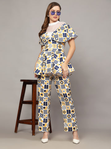 DONALD WHITE WITH ABSTRACT PRINT IN BLUE & YELLOW COLOR 2 PIECE CO-ORD SET