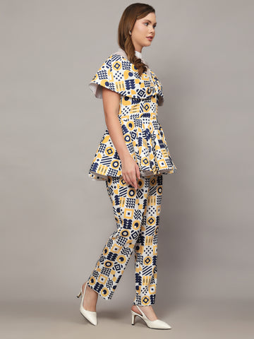 DONALD WHITE WITH ABSTRACT PRINT IN BLUE & YELLOW COLOR 2 PIECE CO-ORD SET