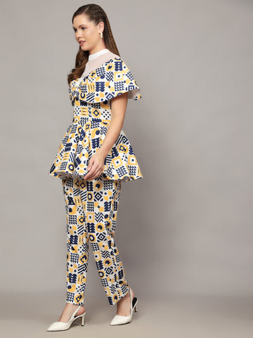 DONALD WHITE WITH ABSTRACT PRINT IN BLUE & YELLOW COLOR 2 PIECE CO-ORD SET