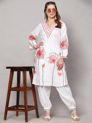 MESMERIZE WHITE FLORAL PRINT 2 PIECE KURTA SET