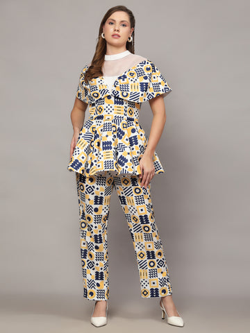 DONALD WHITE WITH ABSTRACT PRINT IN BLUE & YELLOW COLOR 2 PIECE CO-ORD SET