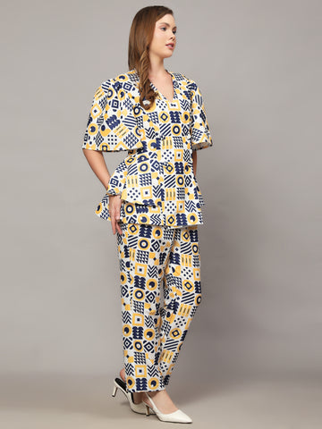 SNOWWHITE ABSTRACT PRINT IN BLUE & YELLOW COLOR 2 PIECE CO-ORD SET