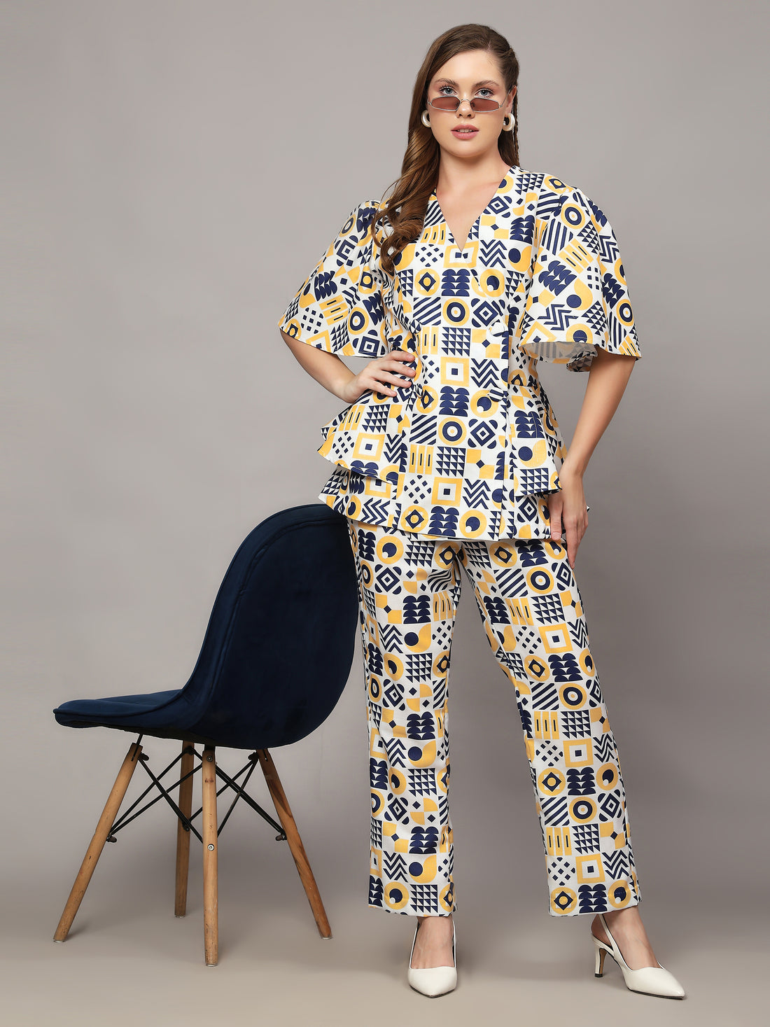 Linen Co-Ord Set in 
Snowwhite Abstract Print in Blue & Yellow Color
