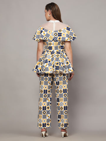 DONALD WHITE WITH ABSTRACT PRINT IN BLUE & YELLOW COLOR 2 PIECE CO-ORD SET