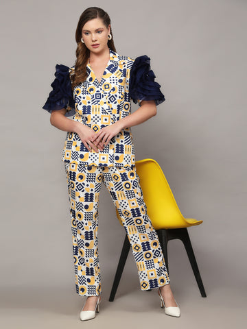 MICKEY WHITE WITH ABSTRACT PRINT IN BLUE & YELLOW COLOR 2 PIECE CO-ORD SET WITH ROSE RUFFLED SLEEVES