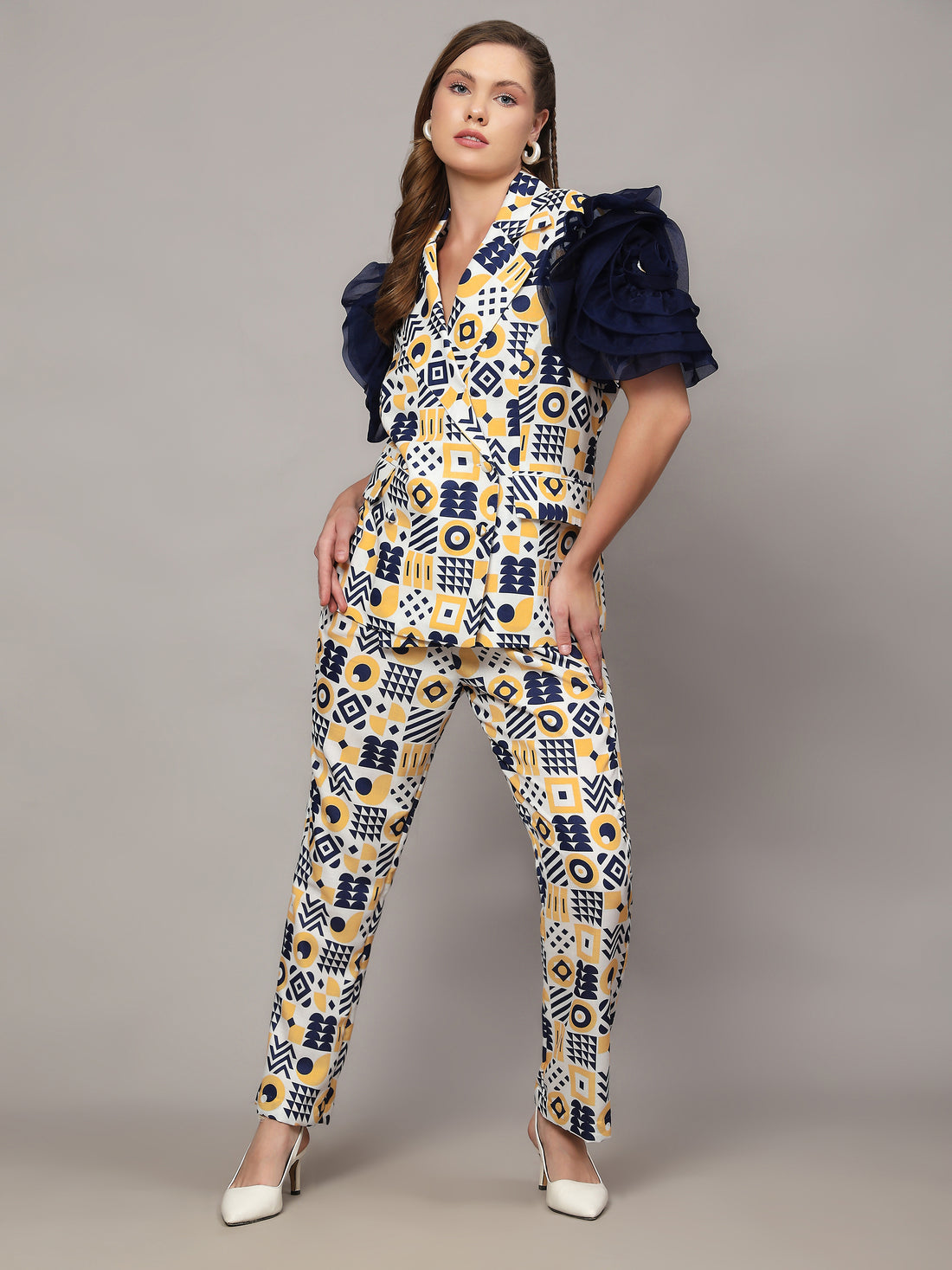 MICKEY WHITE WITH ABSTRACT PRINT LINEN CO-ORD SET WITH ROSE RUFFLED SLEEVES