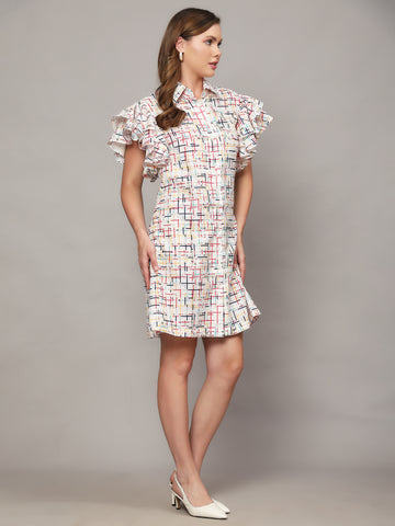 WHITE ABSTRACT PRINT SHIRT DRESS WITH FLUTTER SLEEVES