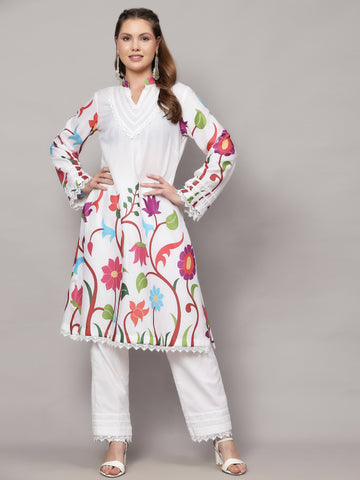 BRUSSELS WHITE FLORAL PRINT 2 PIECE KURTA SET