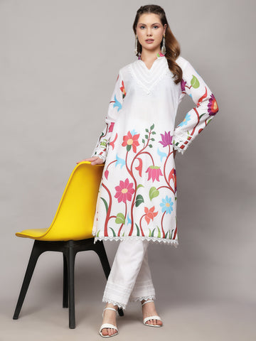 BRUSSELS WHITE FLORAL PRINT 2 PIECE KURTA SET