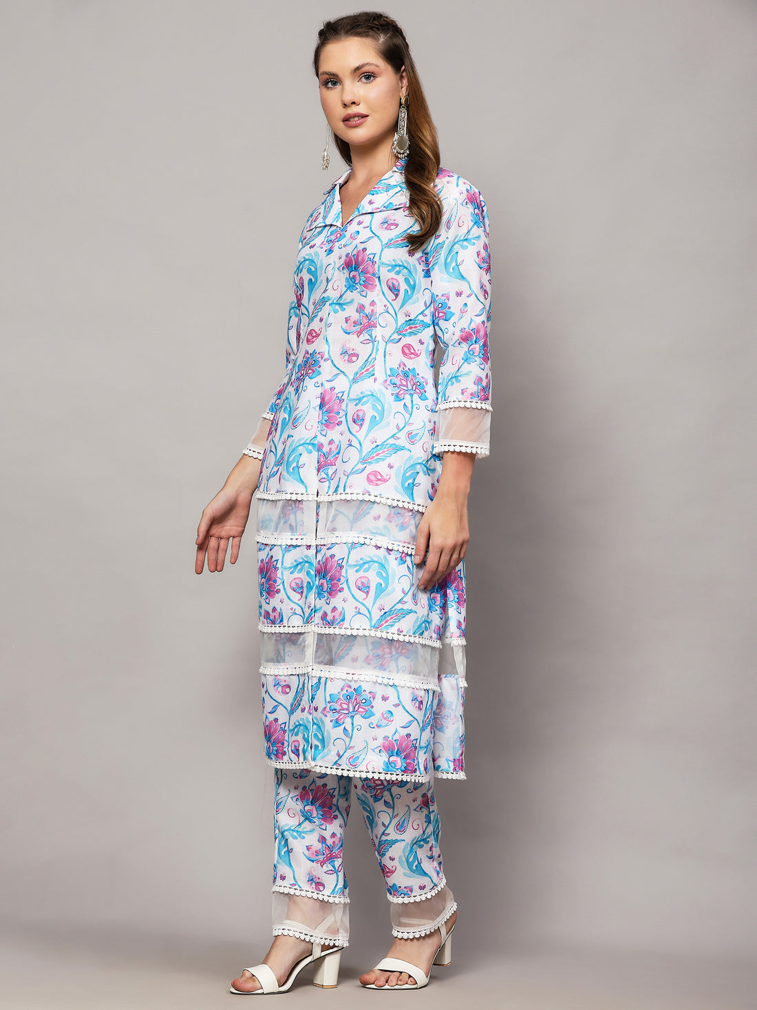 Linen Kurta Set in Paris white Floral Print