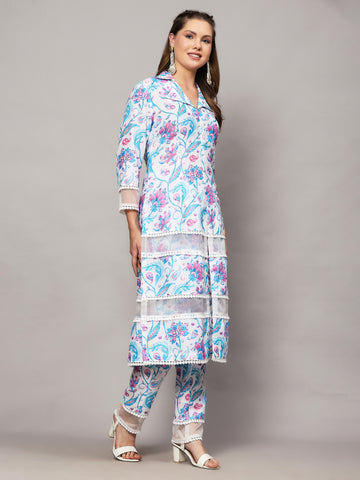 PARIS WHITE FLORAL PRINT 2 PIECE KURTA SET