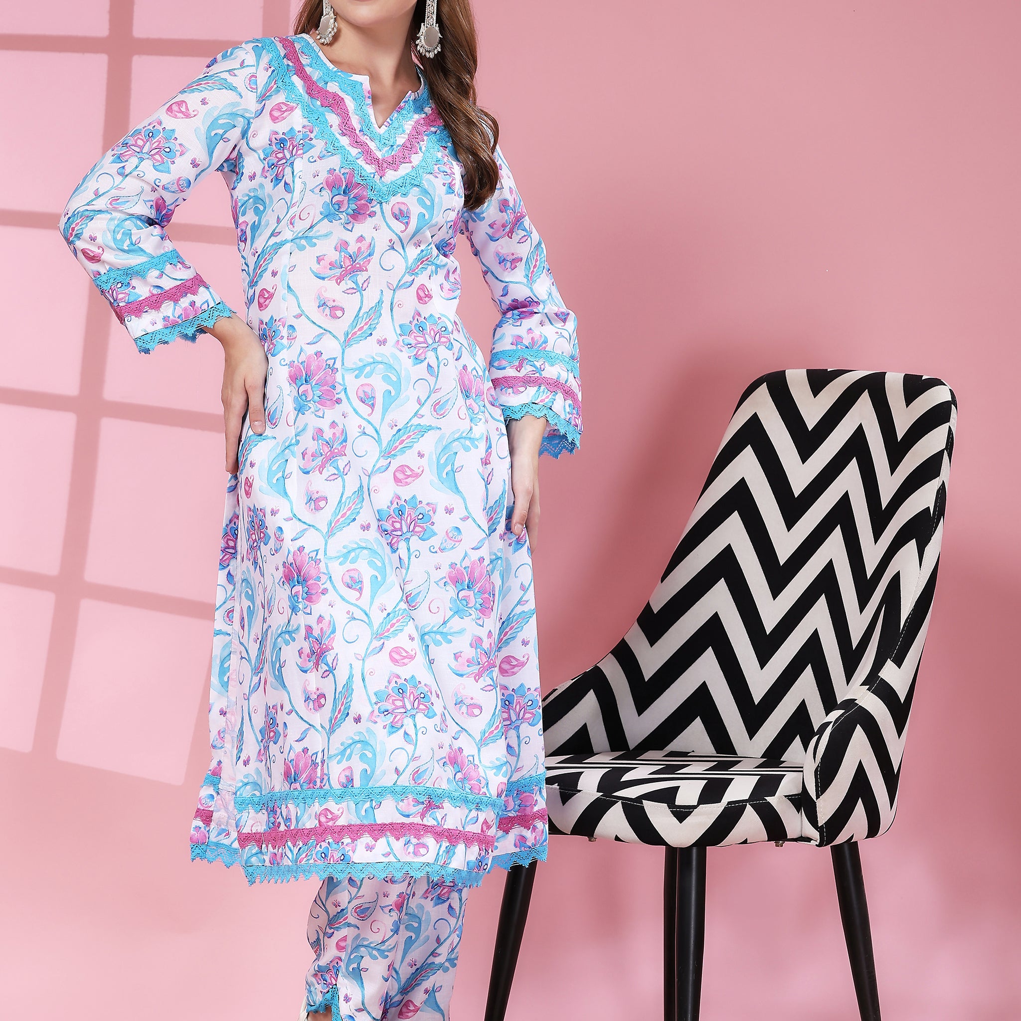 Cotton Linen Kurta Set Ibis White Floral Print