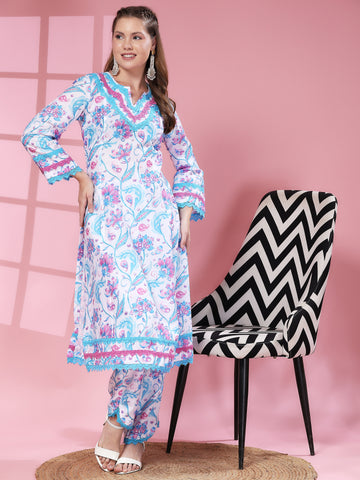 Cotton Linen Kurta Set Ibis White Floral Print