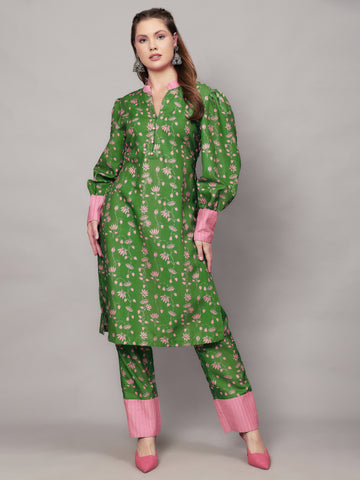 HEENA GREEN FLORAL PRINT 2 PIECE KURTA SET