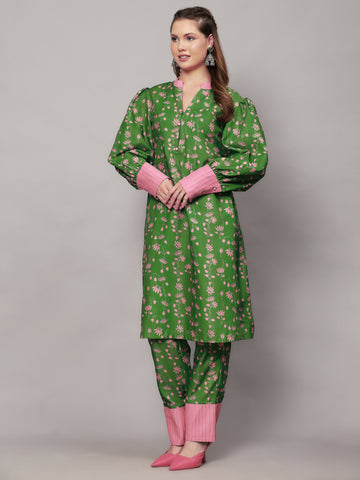 HEENA GREEN FLORAL PRINT 2 PIECE KURTA SET