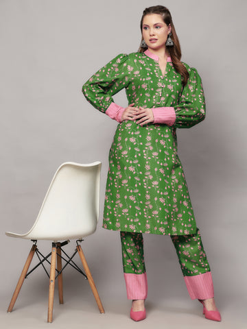 HEENA GREEN FLORAL PRINT 2 PIECE KURTA SET