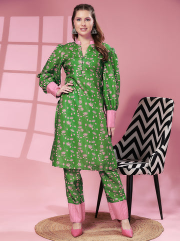 HEENA GREEN FLORAL PRINT 2 PIECE KURTA SET