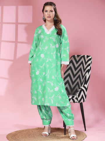 OIA GREEN BIRD PRINT 2 PIECE KURTA SET