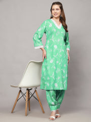 Cotton Linen Kurta Set Oia Green Bird Print