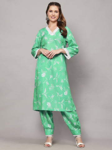 OIA GREEN BIRD PRINT 2 PIECE KURTA SET