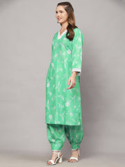 Cotton Linen Kurta Set Oia Green Bird Print