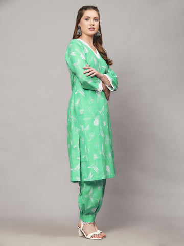 OIA GREEN BIRD PRINT 2 PIECE KURTA SET