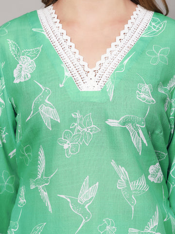 OIA GREEN BIRD PRINT 2 PIECE KURTA SET