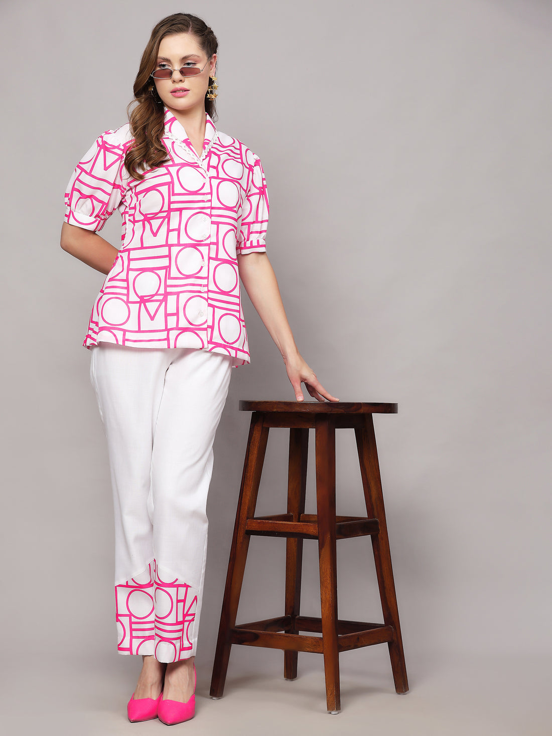 Linen Co-ord Set -Bern White  Pink Abstract Print