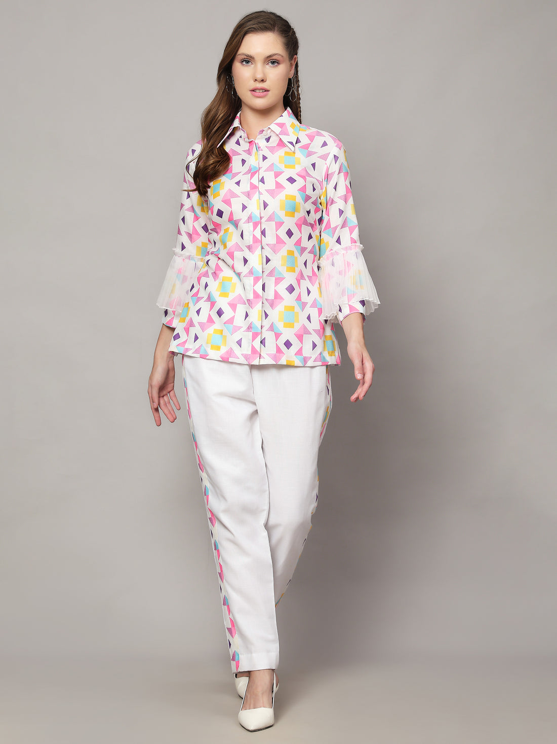 Linen Co-ord Set -Hallstat White Abstract Print
