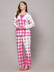 Linen 3 pc Co-ord Set in Florence White Pink Polka Dot Print