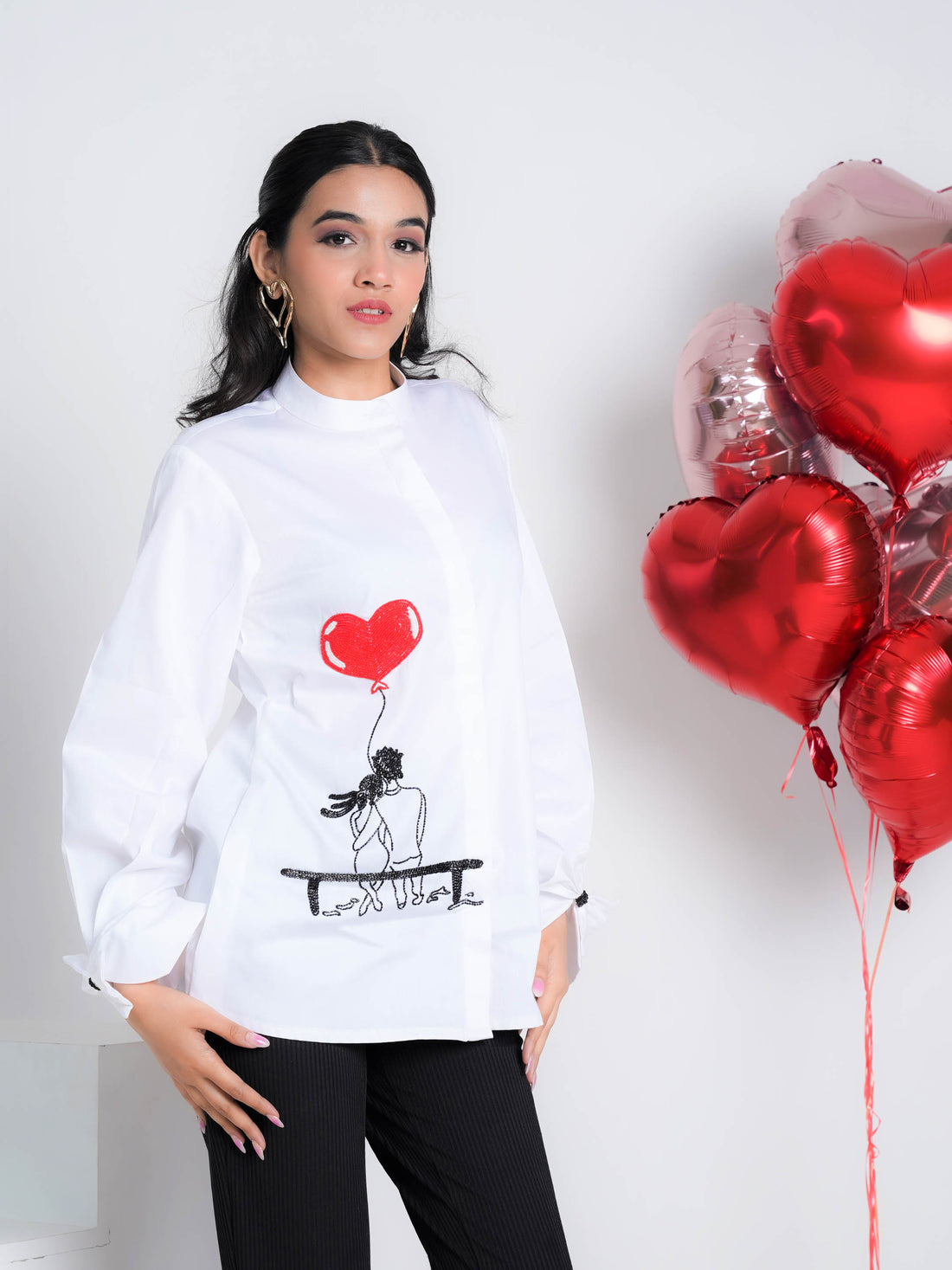 Love Birds' Embroidered White  Pure Cotton Shirt