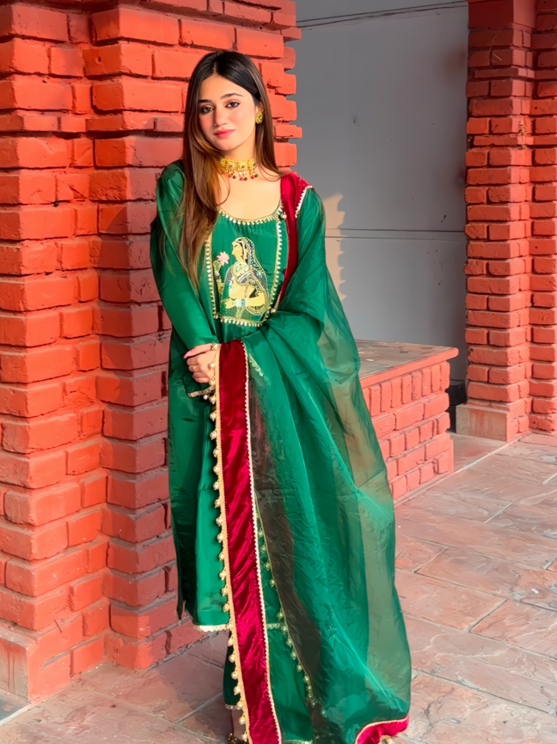 Begum Green Silk Hand Embroidered Suit Set