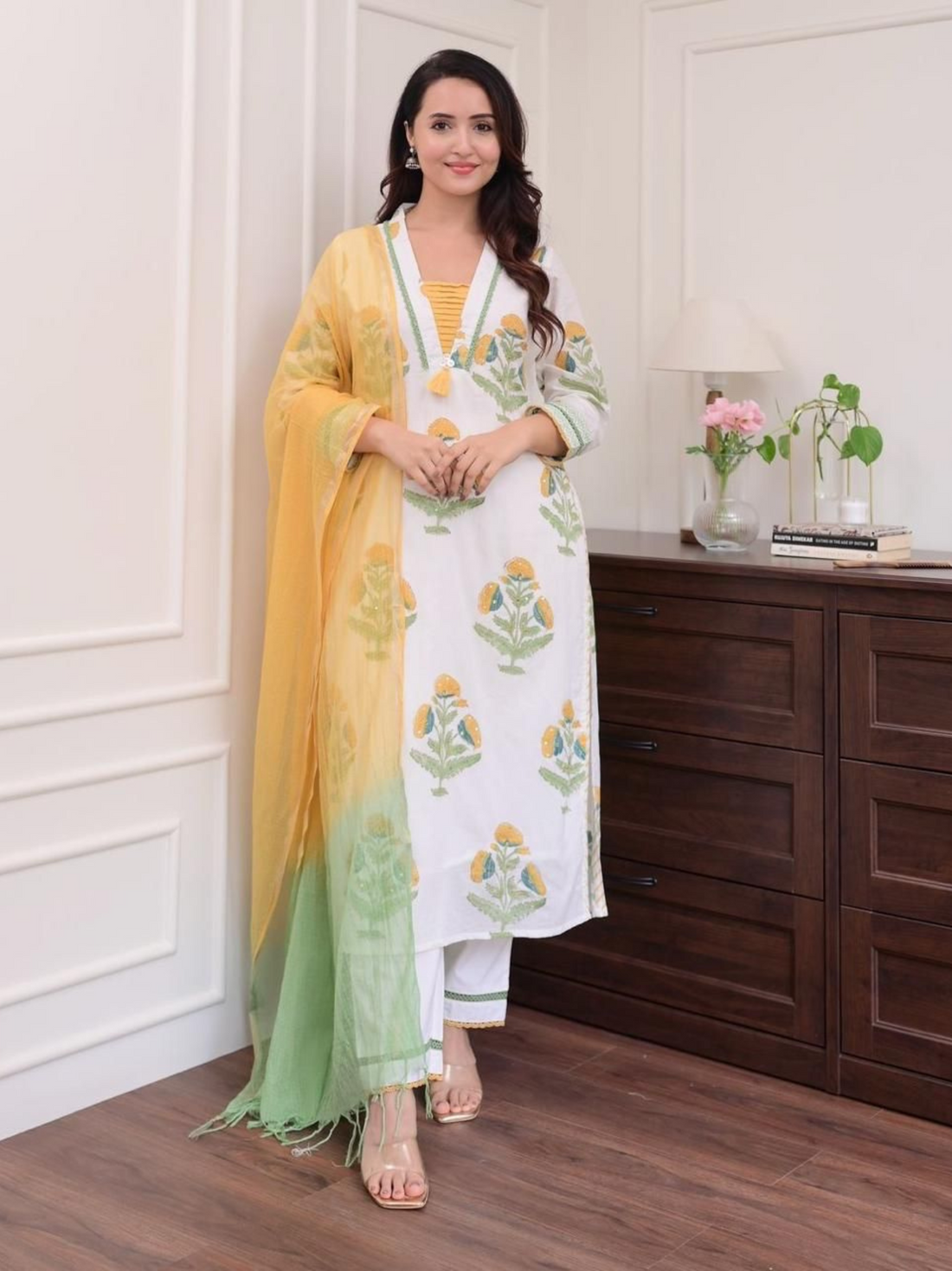 Pure Cotton Yellow White Floral Printed 3PC Suit Sets