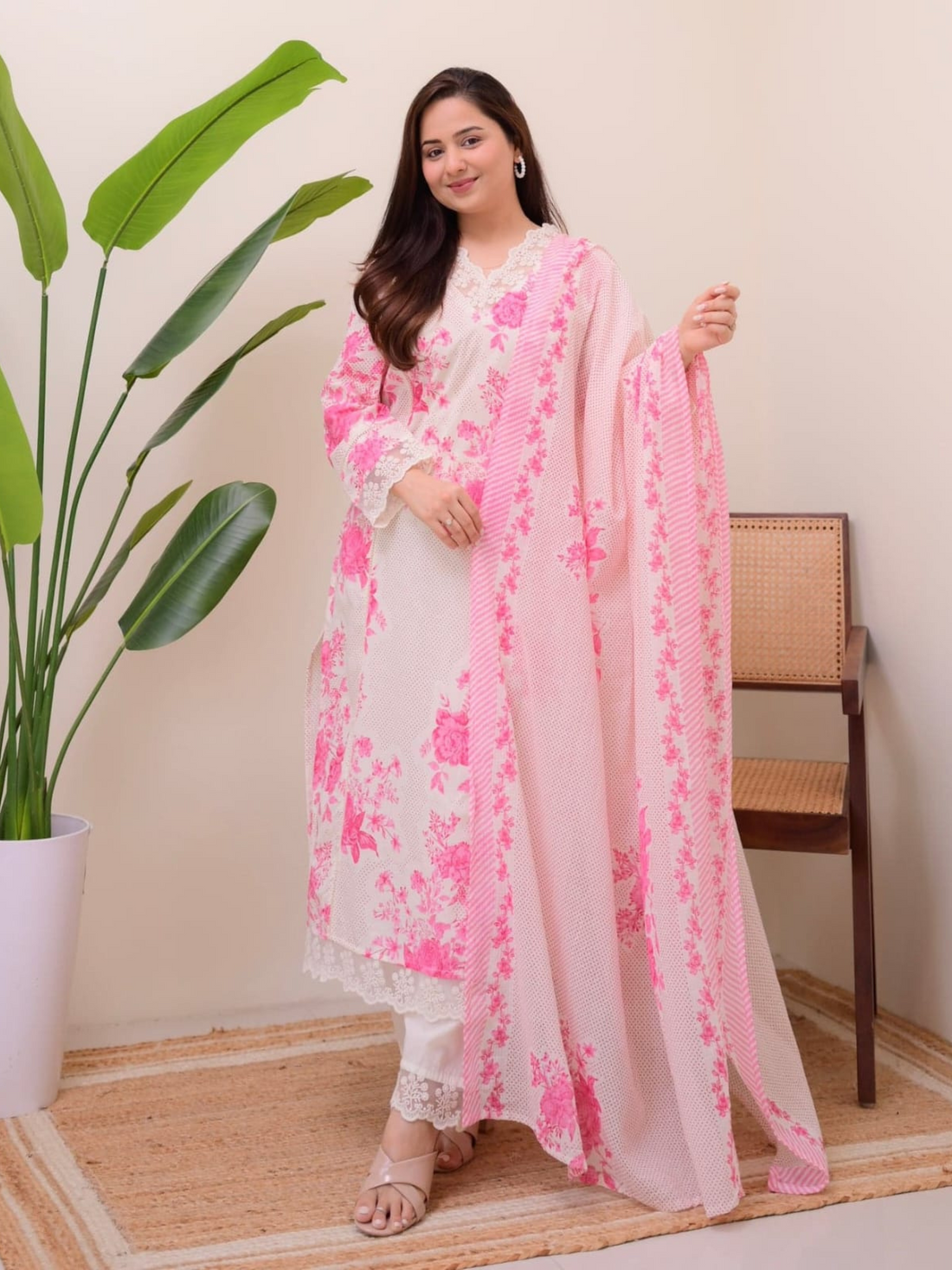 Pink Pakistani Lace Cotton Suit