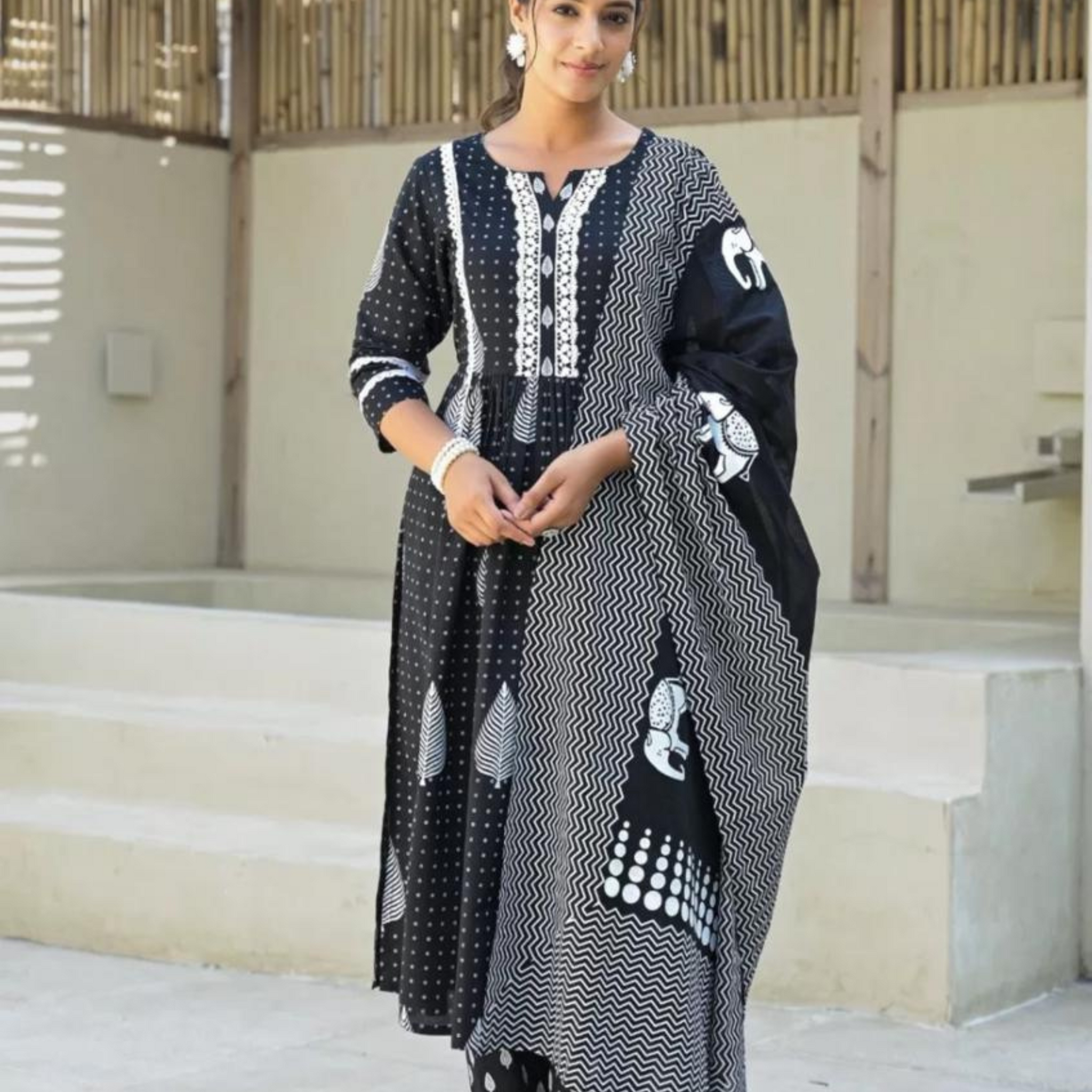 Pure Cotton Black Block Print Suit Set with Bag Set
