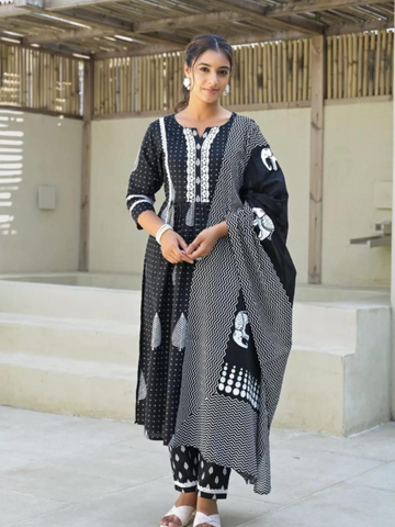 Pure Cotton Black Block Print Suit Set with Bag Set