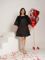 Criss Cross Black Hand Embroidered Pure Cotton A- shape dress