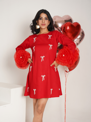 Knotty Affaire Red  Embroidered Pure Cotton A- shape dress