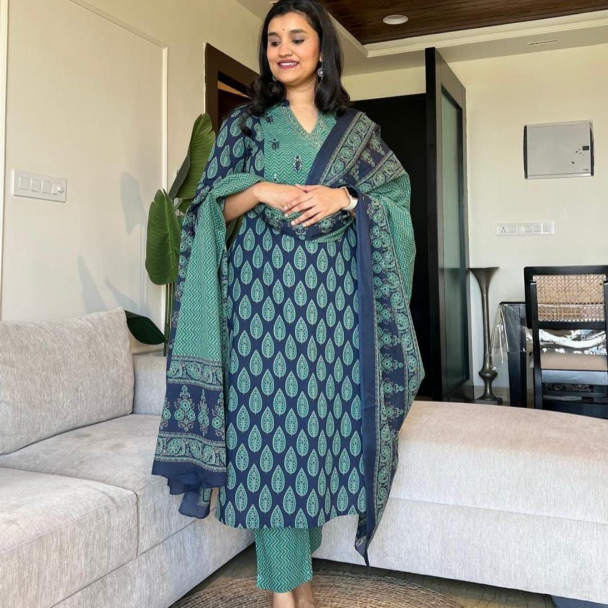 Aditi Ajrakh Angrakha Cotton 3PC Suit Set- Blue Green